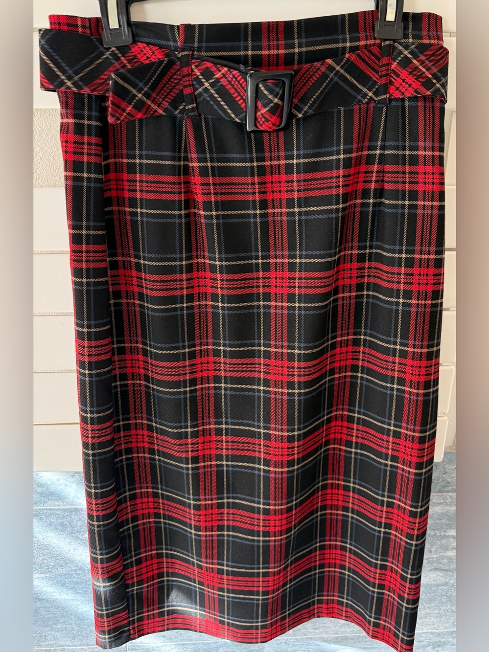 Zara Red and Black Tartan Midi Skirt with Belted Waist
